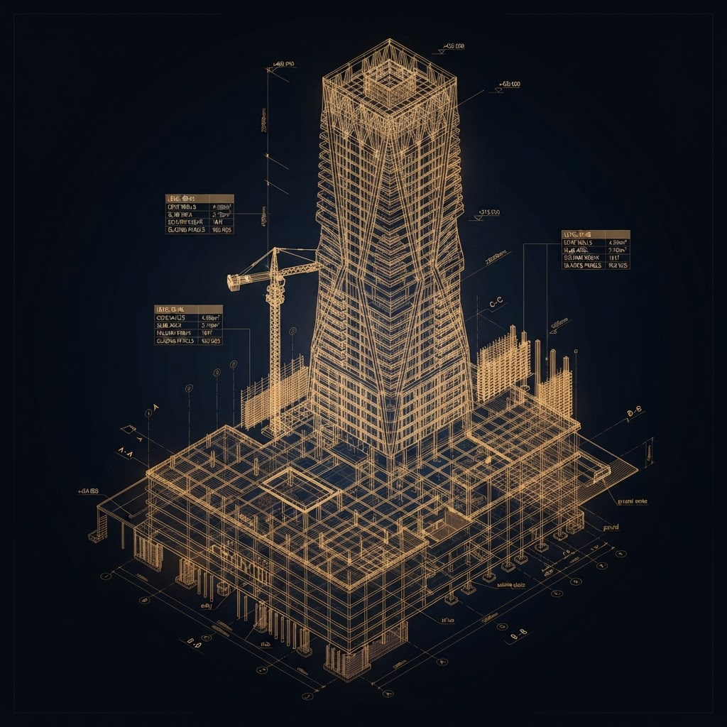 Wireframe engineering render of a GCC high-rise tower with quantity takeoff annotations